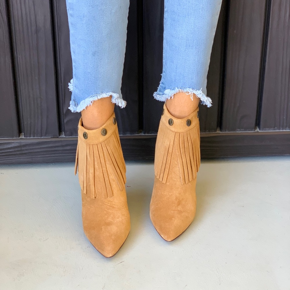 Tan Suede Leather High Heel Fringe Booties - Picture 5 of 8